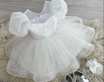 Abito bianco per bambina, abito per la festa del primo compleanno, abito formale glitterato per bambina a fiori bianchi, abito da ballo per ragazza