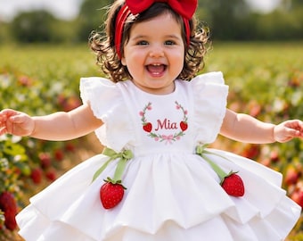Vestido de fresa para el primer cumpleaños, conjunto personalizado para bebé niña, vestido para sesión de fotos con pastel, vestido con temática de bayas.