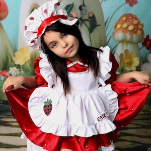 Personalized Strawberry Costume with Bonnet, Strawberry Dress, First Birthday Dress, Strawberry Toddler Outfit, Strawberry Kids Dress