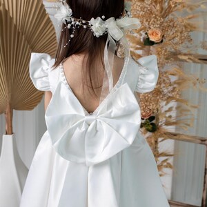 Bloemen trouwjurk meisjes, ivoor satijn V-rug knielengte elegante jurk, doopjurk peutermeisje, verjaardagsjurk prinses, babyjurk