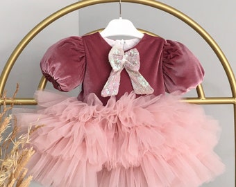 Bébé luxe en velours rose, Robe en velours rose poudré à manches courtes pour fille, Robe d'anniversaire pour petite fille, Robe de mariée pour petite fille