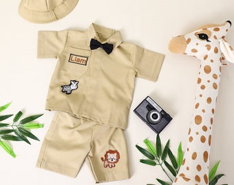 Personalized Mickey Mouse Inspired Short Safari Outfit, Toddler Suit, Safari Theme, Kid's Birthday Outfit Set, Photoshoot Outfit