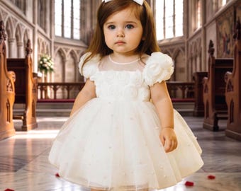 White Tulle Baptism Dress Set: Christening Gown, Shoes, Hairband, Pearls