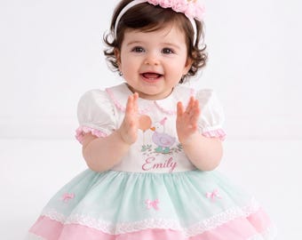 Jurk eerste verjaardag babygans, roze feestoutfit van tule