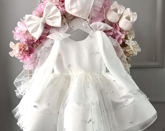 White Pearl Tulle Baptism Dress Set with Bonnet and Shoes, Baby Girl Christening Gown