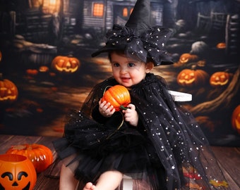 Dark Witch Costume for Girls, Witch Dress and Witcher Hat for Role Play Kids, Sweet Witch Dress Outfit Toddler