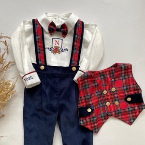 Personalized Baby Boy Christmas Outfit, Christmas Red Plaid Suit, Red 4 Pieces Boys Suspender Pants Set, Holiday Boys Set, Tartan Outfit