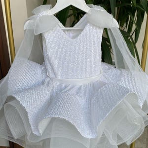 Sequined White Baby Birthday Dress, White Flower Girl Dress, Girl Wedding Dress, Baby Tutu Dress, Tulle Dress, Pagent Toddler Dress