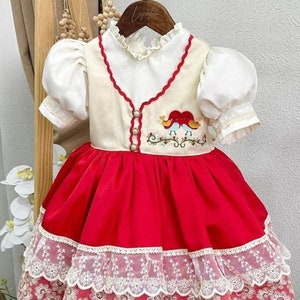 Abito vintage per bambina, abito dettagliato con uccello rosso, abito per ragazza di fiori, abito per il primo compleanno, abito per bambini, abito formale per bambini immagine 2