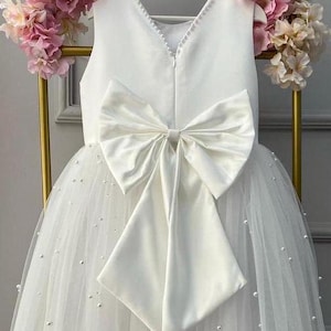 Tulle Pearl Flower Girl Dress, White Satin Flower Girl Wedding Dress, Communion Dresses, Baptism Dresses, Formal Dress, Blessing Dress