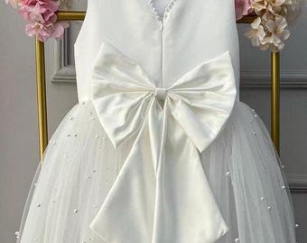 Tulle Pearl Flower Girl Dress, White Satin Flower Girl Wedding Dress, Communion Dresses, Baptism Dresses, Formal Dress, Blessing Dress
