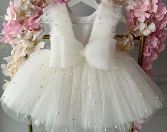 White Baby Prom Dress, Toddler First Birthday Tutu Dress, Ball Gown Dress,Wedding Pearl Dress,Special Occasion Dress