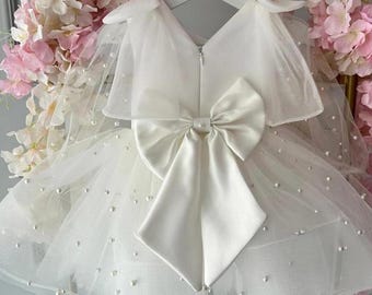 White Tulle Pearl Flower Girl Dress: Junior Bridesmaid Wedding Gown, Toddler Birthday Bash