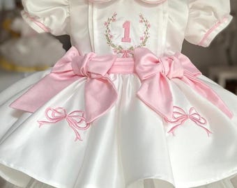 Rosa Baby-Geburtstagskleid, Kleinkind-Outfit mit großer Schleife, Kuchenschlacht zum ersten Geburtstag