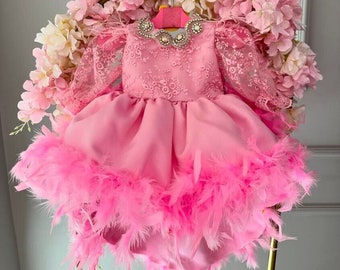Fancy Puffy Pink Feather Baby Girls Dress, Baby Girl Lace Dress,Princess Dress,First Birthday Dress,Pink Flower Dress,Baby Gown