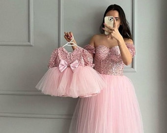 Vestido de tul a juego para madre e hija: traje de noche con purpurina hecho a mano