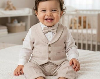 Baby Boy Baptism Outfit, Ivory Muslin Christening Set, 4-Piece Wedding Vest Suit