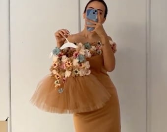 Vestido de niña de flores hecho a mano para mamá y yo: vestido de gala de tul marrón