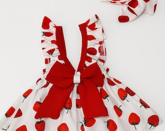Girl Strawberry Dress, Berry First Birthday Costume, Cotton Outfit, Bow Headband