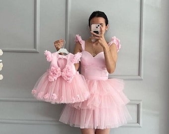 Pink Mother Tulle Dress, Mommy and Me Girls Evening Outfits, Mother Daughter Pink Tulle Dress, Baby Birthday Dress, Baby Tutu Dress