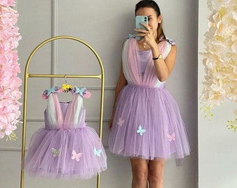 Mother Daughter Butterfly  Details Dresses, Birthday Lilac Tutu Outfits,Mommy and Me Girls Evening Outfits, Wedding Special Occasion Dresses