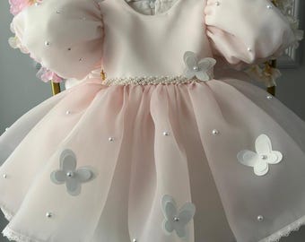 Pink Butterfly Tutu Dress: Pearl Wedding, First Birthday