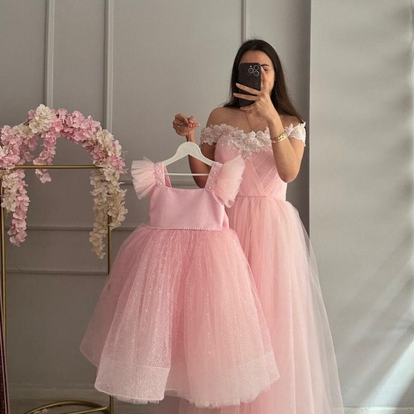 Mommy and Me Outfits, Mommy and Me Dresses,Mother Daughter Pearl Detailed Dress, Pink Tutu Dress,Mother Daughter Formal Tulle Matching Dress