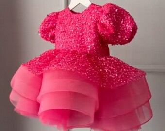 Pink  Sequin Girl Tulle Dress, Pink Flower Girl Dress, Baby Girl Birthday Dress, Girl Prom Dress