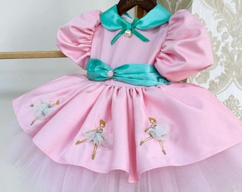 Vintage meisjesjurk met pareldetail, vintage stijl kinderverjaardagsjurk, roze bloemenmeisjesjurk, babymeisje balletjurk