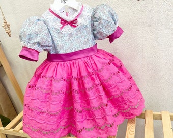 Girl Vintage Style Ruffle Dress, Baby Lace Dress, First Birthday Dress,Pink Party Dress. Photo Shoot Dress,Flower Girl Dress