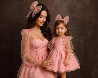 Matching Pink Tulle Dresses: Mother Daughter Photo Shoot Gowns