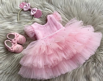 Abito rosa per neonata, abito rosa per la prima festa di compleanno, abito perlato per ragazza di fiori rosa baby, abito da ballo rosa per bambini