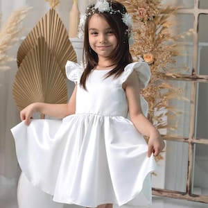 Ivory Satin Flower Girl Dress Elegant Wedding Dress for Baby Girl Baptism Dress  Girl Big Bow Pearl Wedding Dress Communion Birthday Summer