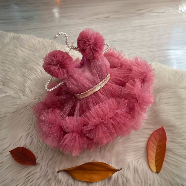 Robe pour fille scintillante rose poudré avec paillettes dorées, robe bouffante scintillante pour tout-petit, tenue formelle pour bébé, nouveau concours de beauté et robe de mariée pour fille