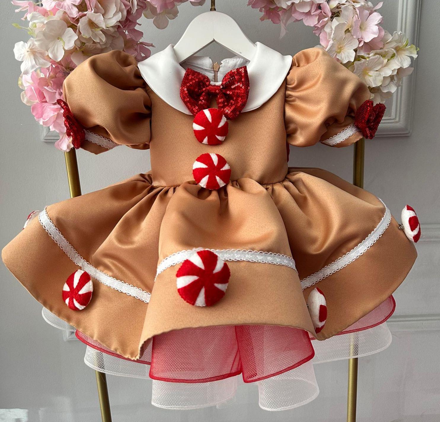 Red Christmas Girl Dress, Gingerbread Candy Cane Holiday Outfit