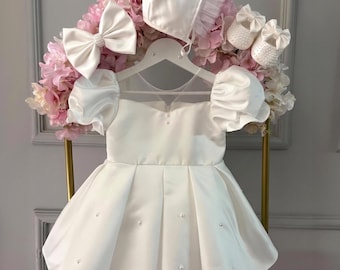 Vestido de batizado para menina, conjunto de vestido de batizado, vestido de batizado, vestido de batizado, vestido de cetim branco para daminha de honra, vestido de noiva