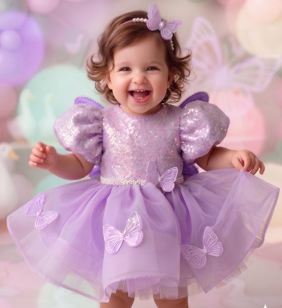 Lavender Butterfly Baby Dress, First Birthday Tulle Party Outfit