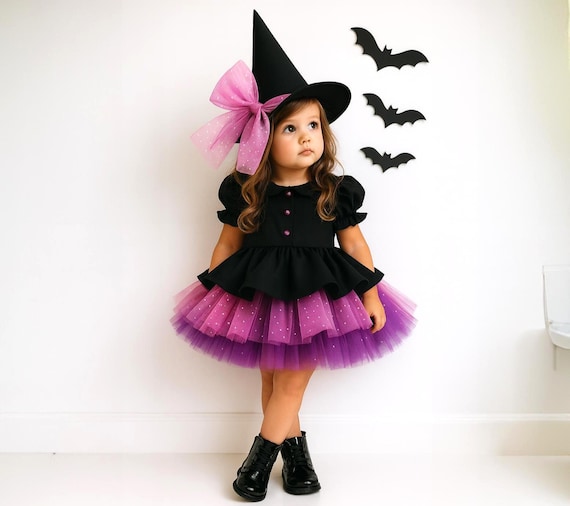 Handmade Girls Witch Costume: Black Tutu Dress & Purple Bow