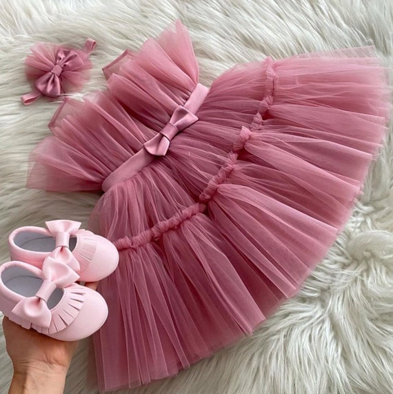 Kids Tulle Powder Dress, Pink Junior Bridesmaid Dress,Baby Girls Birthday Dress,Baby Girl Wedding Dress,Pink Flower Girl Dress