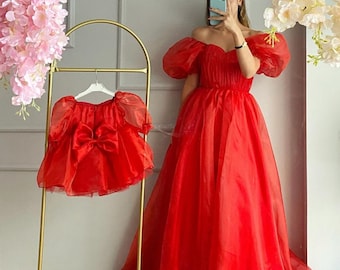 Vestidos de tul rojo hechos a mano para mamá y yo: conjunto familiar a juego