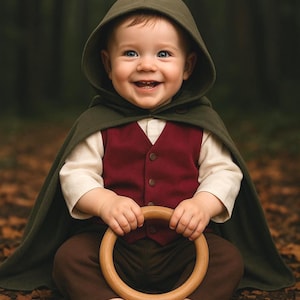 Boy First Birthday Outfit, Toddler Medieval Woodland Cloak, Ring Bearer Baby Costume Boy Halloween Costume with Shirt, Vest, Pants and Cloak