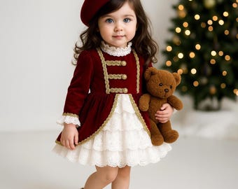 May include: A young child in a burgundy velvet dress with gold trim, a matching beret, and gold shoes. The dress features a white lace skirt and gold buttons. The child is holding a brown teddy bear. A Christmas tree is in the background.