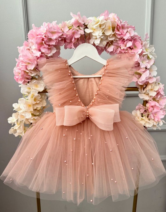 Handmade Tulle Party Dress: Powder Pearl Bow, Baby