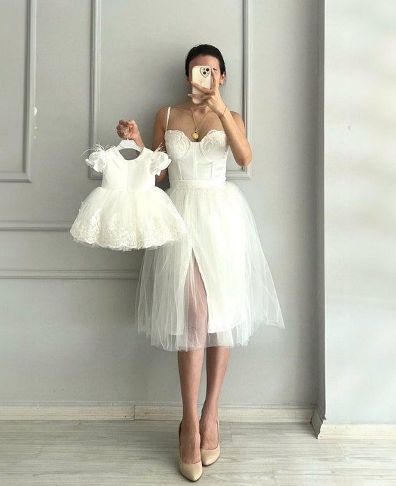 Mother Daughter Matching White Dress, Mommy and Me Girls Evening Outfits, Mother Daughter Wedding Dress