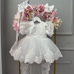 Handmade Lace Christening Gown: Baby Baptism Dress with Train, Shoes & Headband