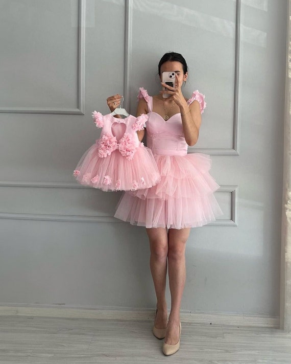 Mother Tulle Dress, Mommy and Me Girls Evening Outfits, Mother Daughter Pink Tulle Dress, Birthday Dress