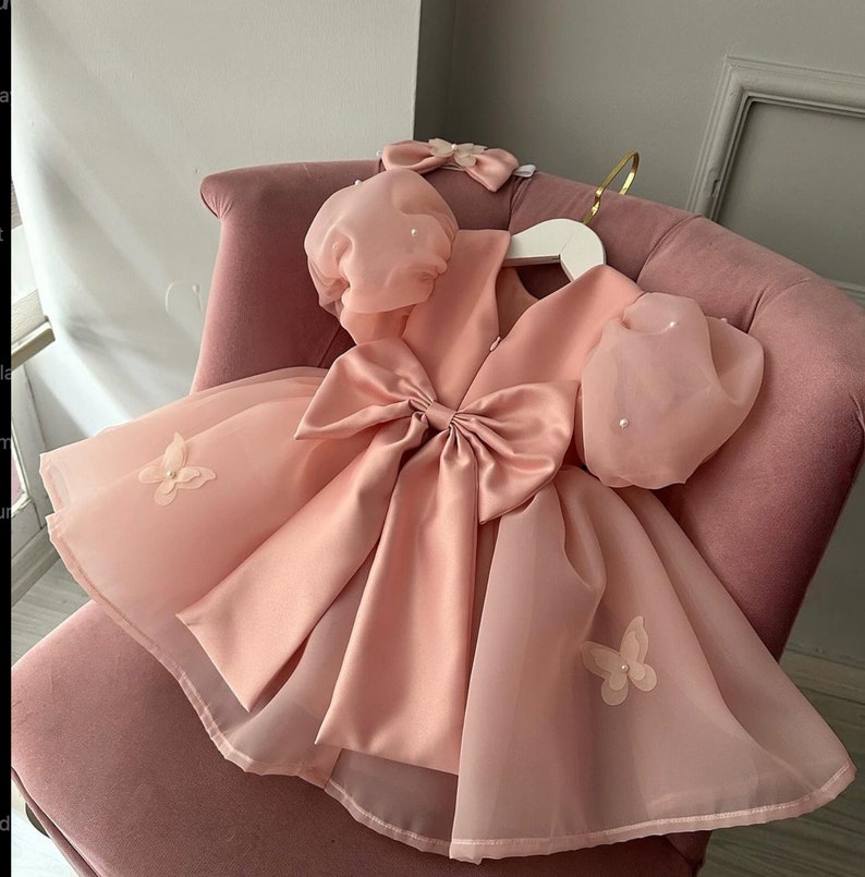 Robe poudré papillon bébé fille, Robe 1er anniversaire, Robe de demoiselle d'honneur poudré, Pour une occasion spéciale, Robe de soirée pour tout-petit image 5