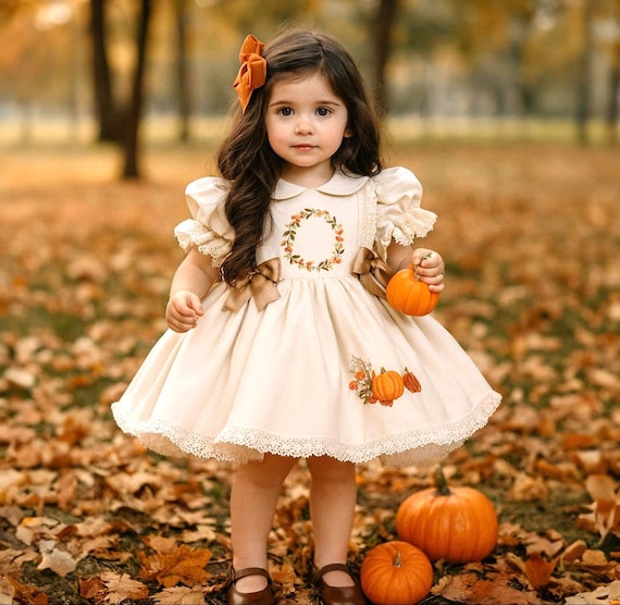 embroidered pumpkin dress Girls Short Sleeve Embroidered Pumpkin Peplum Sweater Dress - Autumn Adventures - TAN