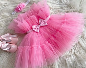 Vestido rosa de tul para el primer cumpleaños: Conjunto para el primer cumpleaños de niña, vestido para la sesión de fotos con pastel, vestido con lazo grande.