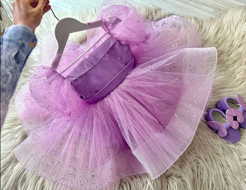 Purple Baby Tulle Dress,Girl 1stBirthday Dress,Baby Girl Outfit,Baby Silvery Tulle Dress,Dress For Special Occasion,Photo Shoot Baby zdjęcie 2